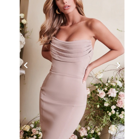 NEW SEASON Lavish Alice cowl front bandeau midi pencil dress in stone - Picture 6 of 11